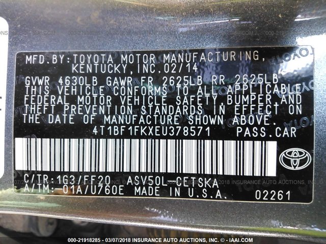 4T1BF1FKXEU378571 - 2014 TOYOTA CAMRY L/SE/LE/XLE 灰色 照片 9