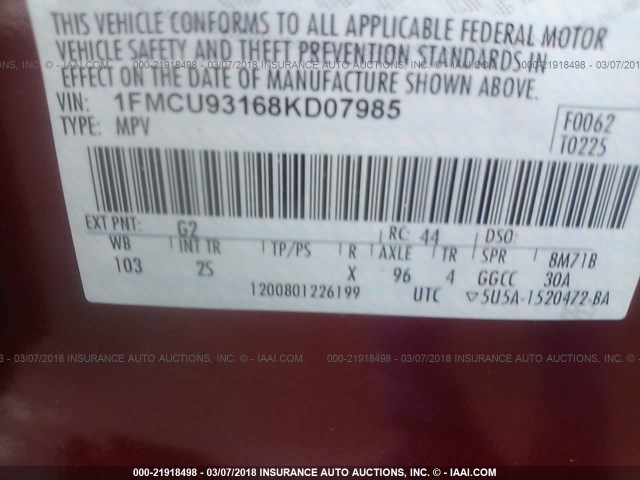 1FMCU93168KD07985 - 2008 FORD ESCAPE XLT RED photo 9
