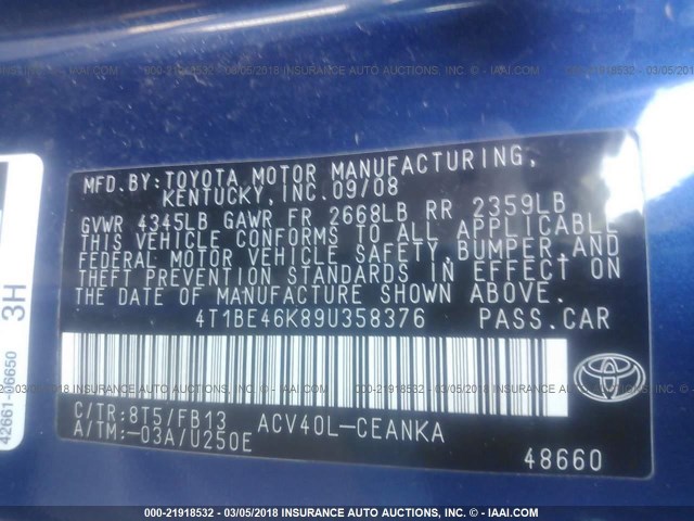 4T1BE46K89U358376 - 2009 TOYOTA CAMRY SE/LE/XLE BLUE photo 9