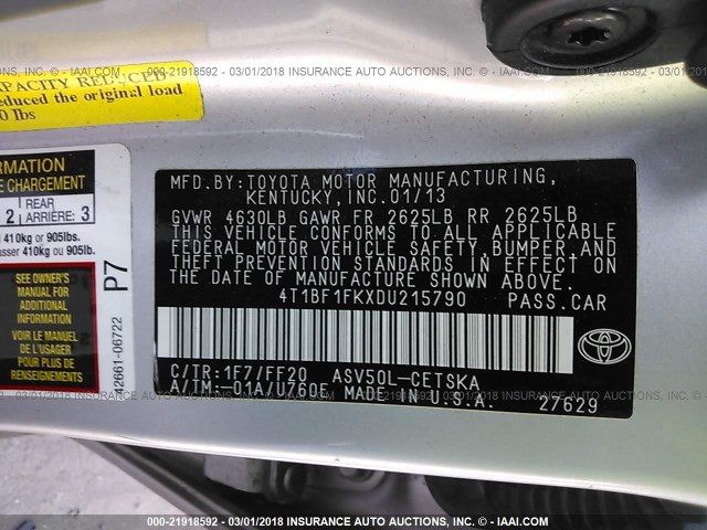 4T1BF1FKXDU215790 - 2013 TOYOTA CAMRY L/SE/LE/XLE SILVER photo 9