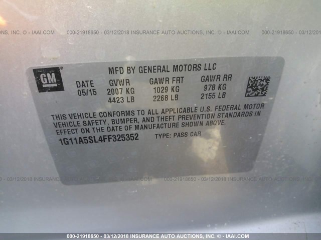 1G11A5SL4FF325352 - 2015 CHEVROLET MALIBU LS ვერცხლისფერი ფოტო 9