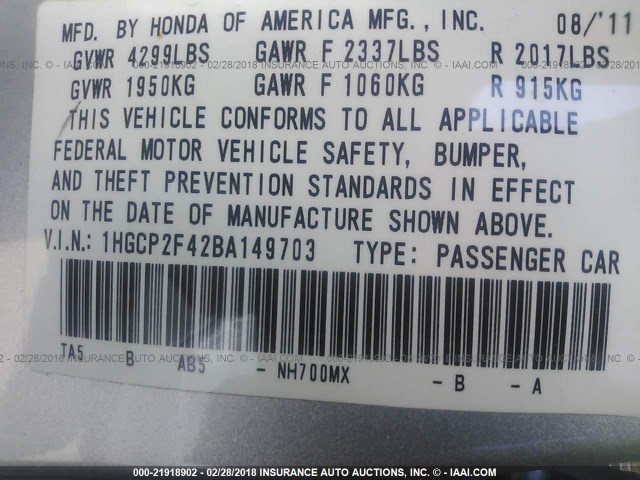 1HGCP2F42BA149703 - 2011 HONDA ACCORD LXP SILVER photo 9