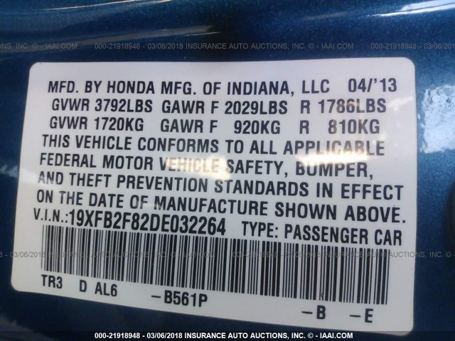 19XFB2F82DE032264 - 2013 HONDA CIVIC EX BLUE photo 9