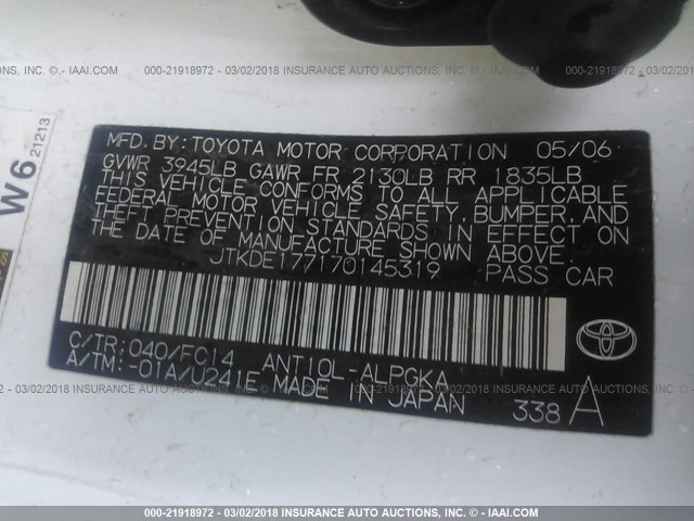 JTKDE177170145319 - 2007 TOYOTA SCION TC 白色 照片 9