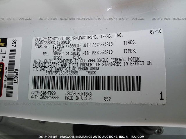 5TFUY5F16GX572585 - 2016 TOYOTA TUNDRA DOUBLE CAB SR/SR5 WHITE photo 9