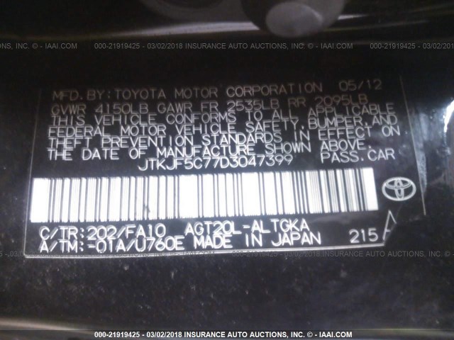 JTKJF5C77D3047399 - 2013 TOYOTA SCION TC 黑色 照片 9