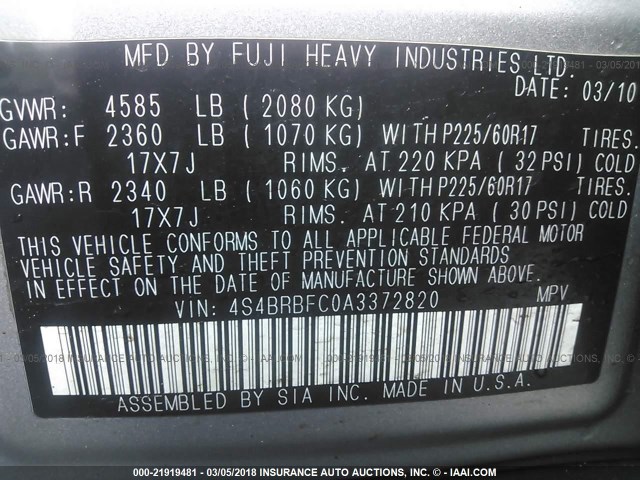 4S4BRBFC0A3372820 - 2010 SUBARU OUTBACK 2.5I PREMIUM GRAY photo 9