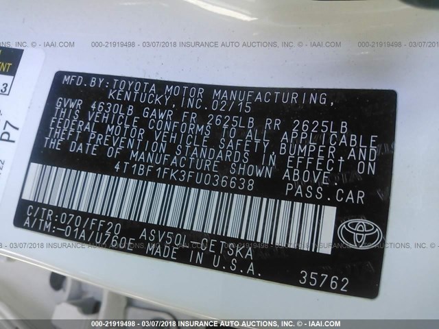 4T1BF1FK3FU036638 - 2015 TOYOTA CAMRY LE/XLE/SE/XSE WHITE photo 9