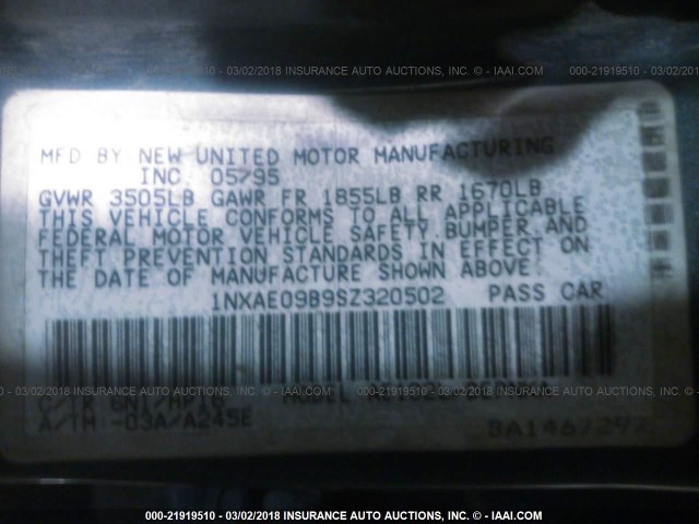 1NXAE09B9SZ320502 - 1995 TOYOTA COROLLA LE/DX მწვანე ფოტო 9