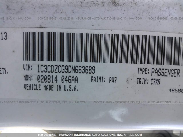 1C3CDZCG9DN663689 - 2013 DODGE AVENGER SXT WHITE photo 9