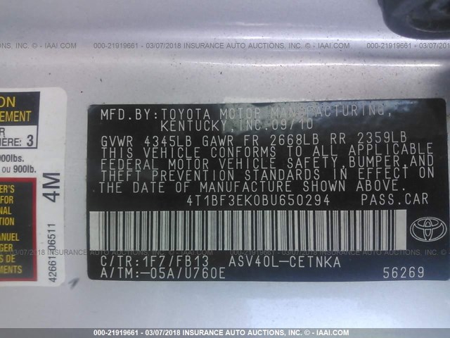 4T1BF3EK0BU650294 - 2011 TOYOTA CAMRY SE/LE/XLE SILVER photo 9