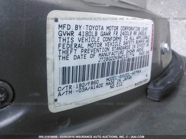 JT2BG22K8W0131774 - 1998 TOYOTA CAMRY CE/LE/XLE 棕色 照片 9