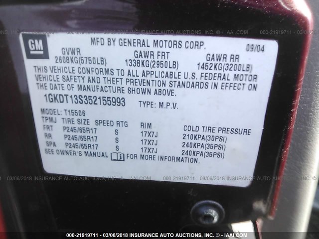 1GKDT13S352155993 - 2005 GMC ENVOY BURGUNDY photo 9