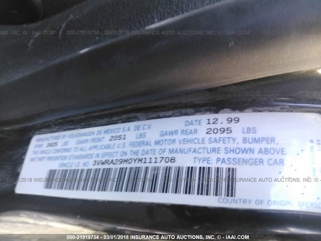 3VWRA29M0YM111708 - 2000 VOLKSWAGEN JETTA GL BLACK photo 9