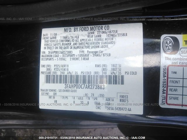 3FAHP0DC7AR273883 - 2010 FORD FUSION SPORT BLACK photo 9