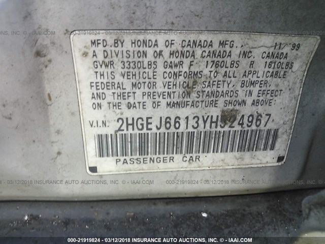 2HGEJ6613YH524967 - 2000 HONDA CIVIC SE SILVER photo 9