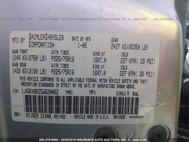 1J4GK48K25W620062 - 2005 JEEP LIBERTY SPORT 银色 照片 9