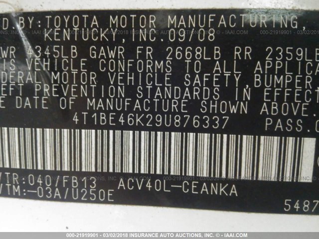 4T1BE46K29U876337 - 2009 TOYOTA CAMRY SE/LE/XLE WHITE photo 9