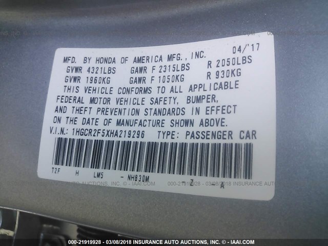 1HGCR2F5XHA219296 - 2017 HONDA ACCORD SPORT 银色 照片 9