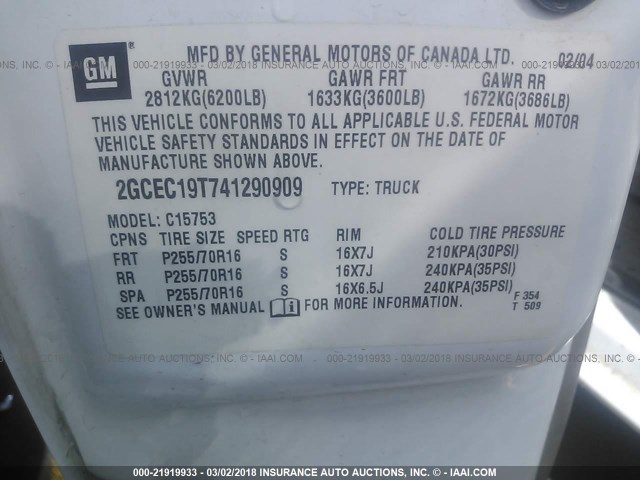 2GCEC19T741290909 - 2004 CHEVROLET SILVERADO C1500 WHITE photo 9