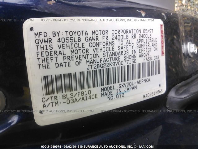 JT2BG22K9V0077156 - 1997 TOYOTA CAMRY LE/XLE BLUE photo 9