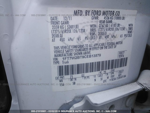 1FT7W2BT9CEB13579 - 2012 FORD F250 SUPER DUTY WHITE photo 9