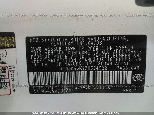 4T1BK46K97U504922 - 2007 TOYOTA CAMRY NEW GENERAT LE/XLE/SE WHITE photo 9