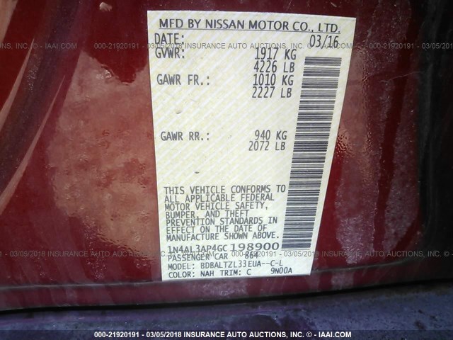 1N4AL3AP4GC198900 - 2016 NISSAN ALTIMA 2.5/S/SV/SL/SR RED photo 9