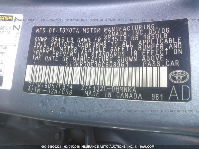 2T1KR30E16C608961 - 2006 TOYOTA COROLLA MATRIX XR Light Blue photo 9