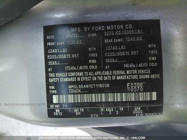 NM0LS6AN1CT116036 - 2012 FORD TRANSIT CONNECT XL SILVER photo 9