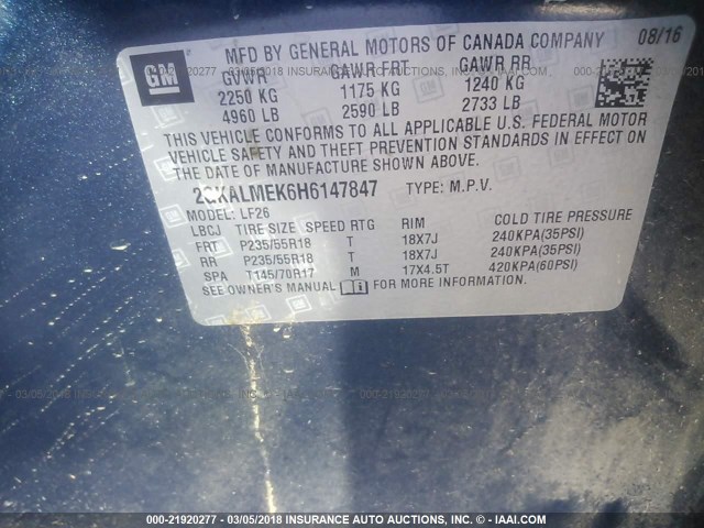 2GKALMEK6H6147847 - 2017 GMC TERRAIN SLE BLUE photo 9