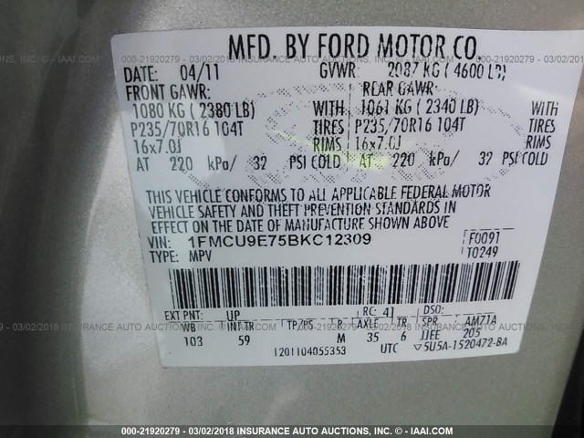 1FMCU9E75BKC12309 - 2011 FORD ESCAPE LIMITED Pewter photo 9