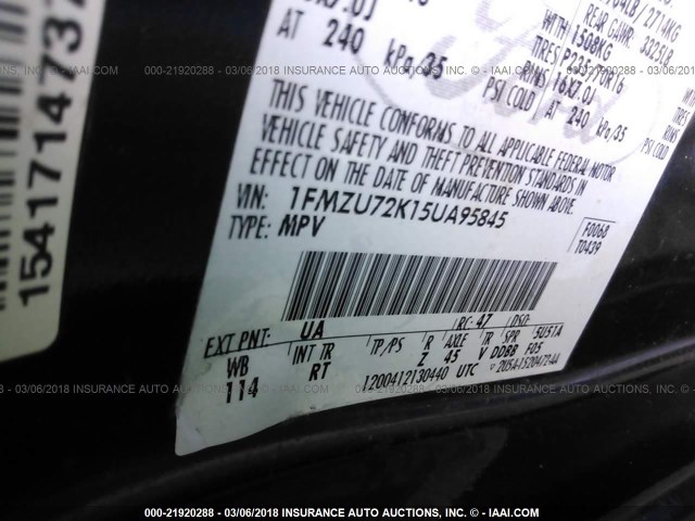 1FMZU72K15UA95845 - 2005 FORD EXPLORER XLS/XLS SPORT BLACK photo 9