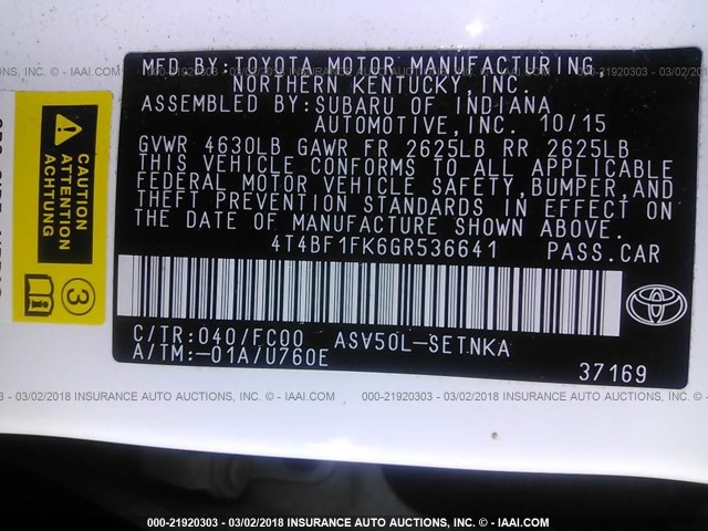 4T4BF1FK6GR536641 - 2016 TOYOTA CAMRY LE/XLE/SE/XSE თეთრი ფოტო 9