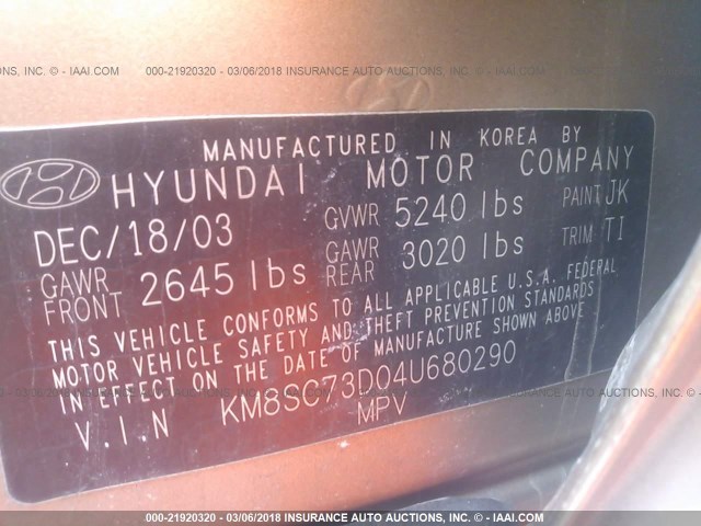 KM8SC73D04U680290 - 2004 HYUNDAI SANTA FE GLS/LX GOLD photo 9