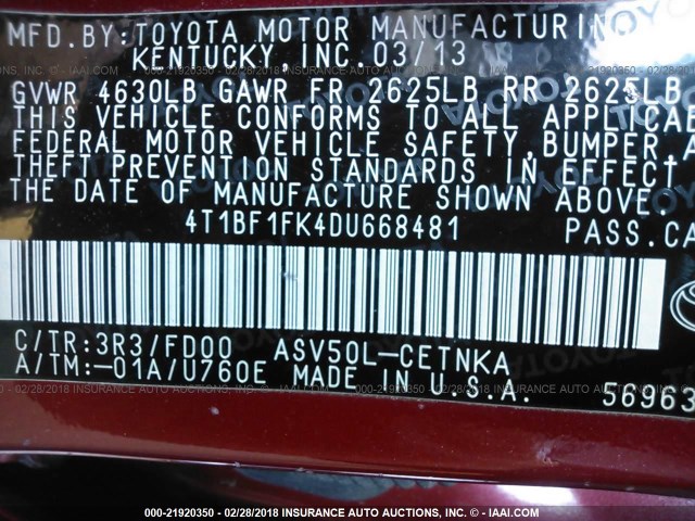 4T1BF1FK4DU668481 - 2013 TOYOTA CAMRY L/SE/LE/XLE RED photo 9