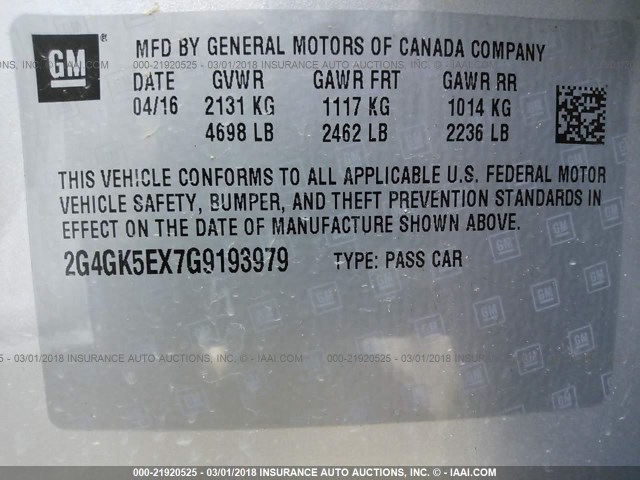 2G4GK5EX7G9193979 - 2016 BUICK REGAL SILVER photo 9