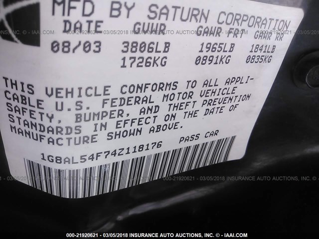 1G8AL54F74Z118176 - 2004 SATURN ION LEVEL 3 BLACK photo 9