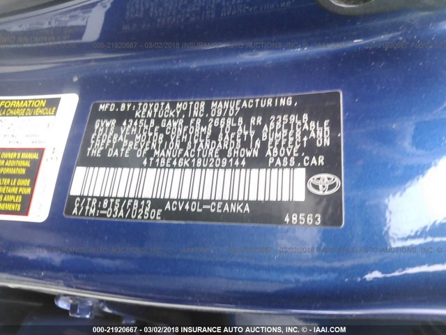 4T1BE46K18U209144 - 2008 TOYOTA CAMRY CE/LE/XLE/SE BLUE photo 9