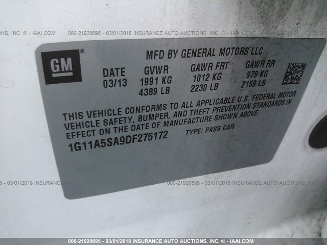 1G11A5SA9DF275172 - 2013 CHEVROLET MALIBU LS თეთრი ფოტო 9