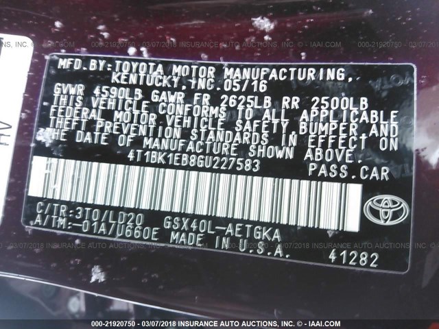 4T1BK1EB8GU227583 - 2016 TOYOTA AVALON XLE PLUS/PREMIUM/TOUR/LTD MAROON photo 9