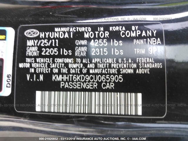 KMHHT6KD9CU065905 - 2012 HYUNDAI GENESIS COUPE 2.0T BLACK photo 9