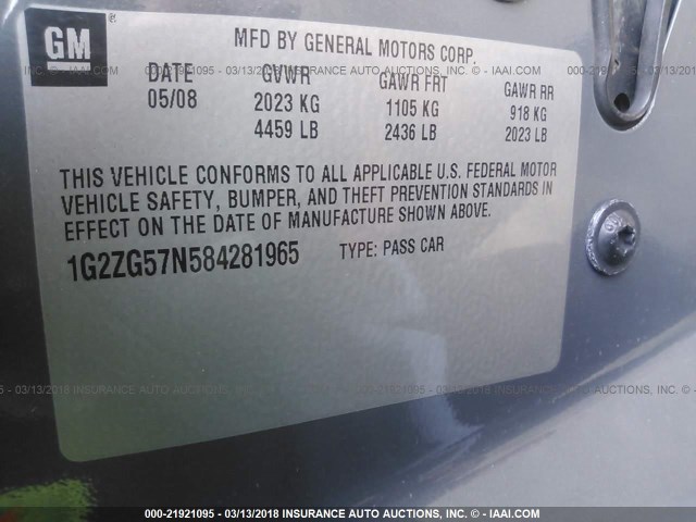 1G2ZG57N584281965 - 2008 PONTIAC G6 SE GRAY photo 9