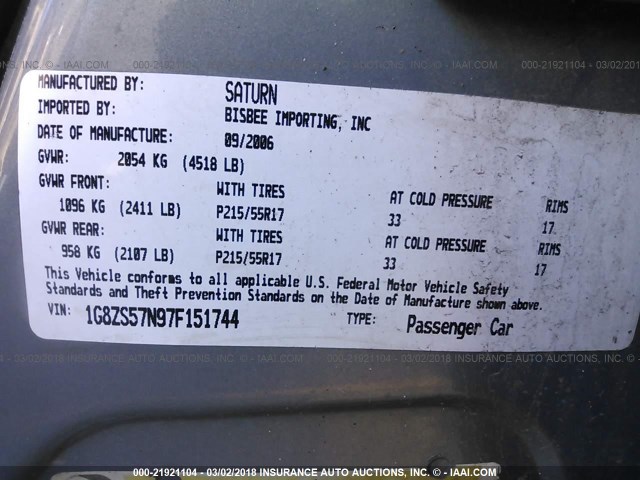 1G8ZS57N97F151744 - 2007 SATURN AURA XE BLUE photo 9