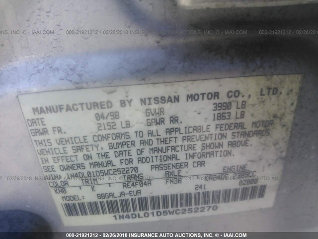 1N4DL01D5WC252270 - 1998 NISSAN ALTIMA XE/GXE/SE/GLE SILVER photo 9