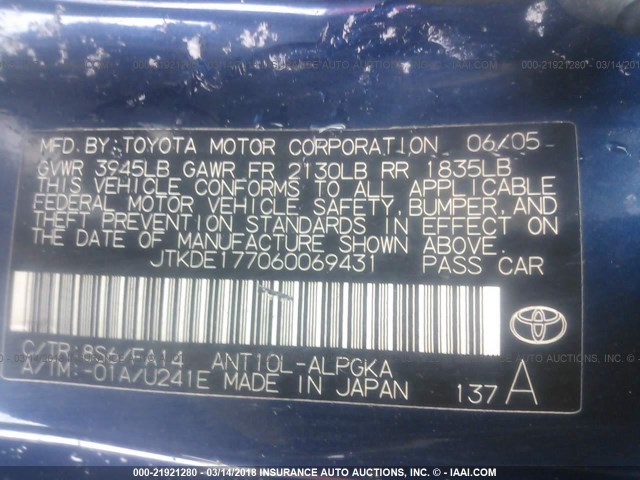 JTKDE177060069431 - 2006 TOYOTA SCION TC 蓝色 照片 9