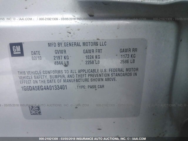 1G6DA5EG4A0133401 - 2010 CADILLAC CTS SILVER photo 9