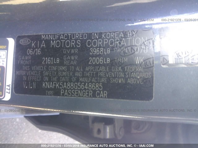 KNAFK5A88G5648685 - 2016 KIA FORTE LX GRAY photo 9