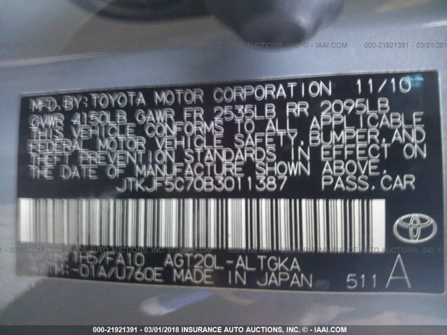 JTKJF5C70B3011387 - 2011 TOYOTA SCION TC 灰色 照片 9