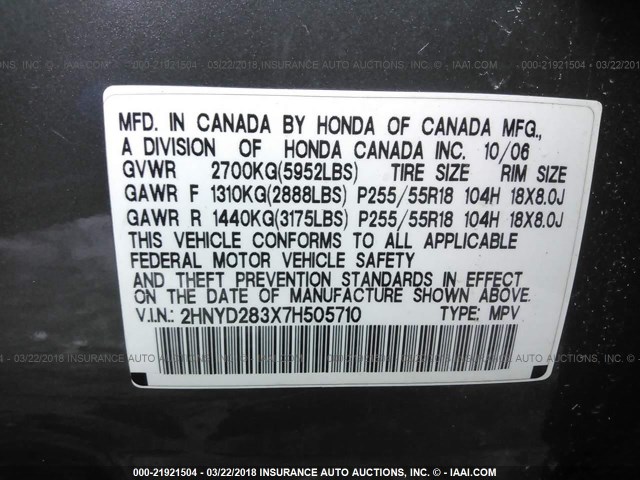 2HNYD283X7H505710 - 2007 ACURA MDX TECHNOLOGY GRAY photo 9